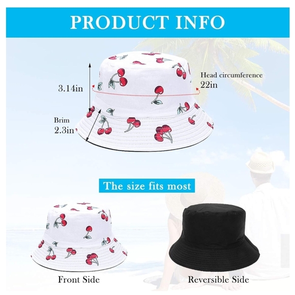 Reversible Cherry Print Bucket Hat, White & Black Cotton, Foldable Fisherman Hat - Picture 2 of 9